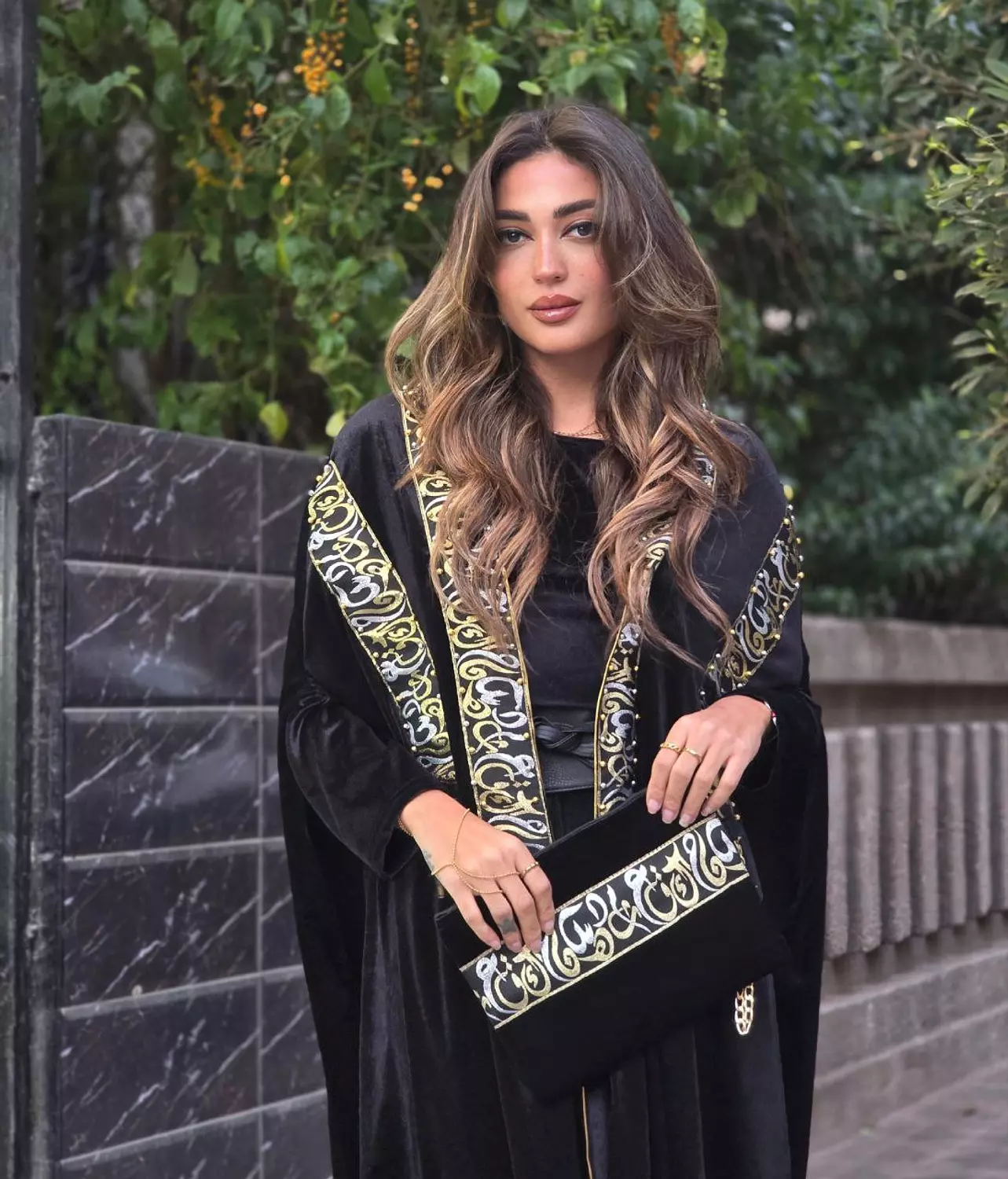 Black Arabian Velvet Kaftan with Clutch  image