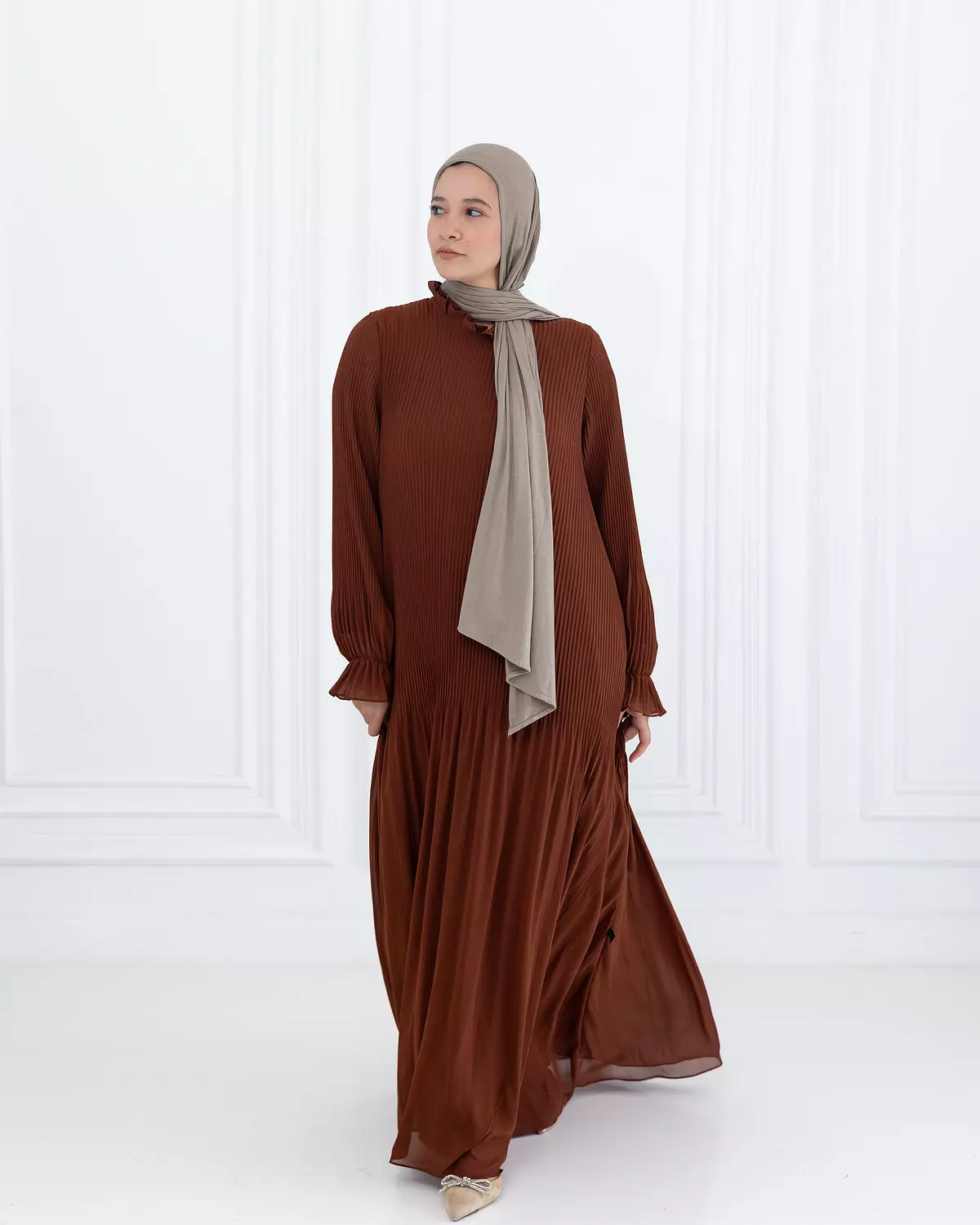 Chiffon Pleated Dress | Dark havan image