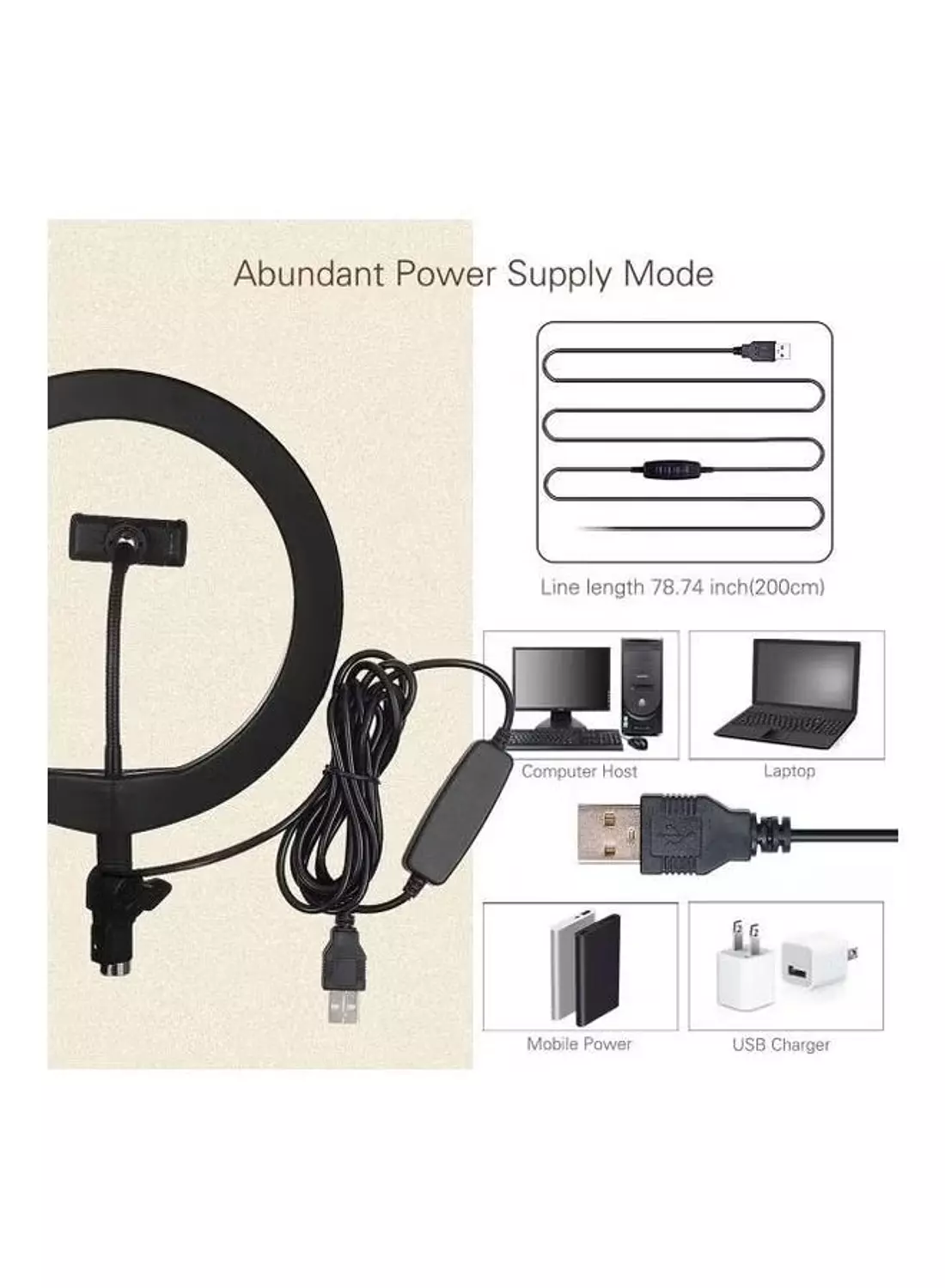 ZMX-260 LED Ring Light, Adjustable, 26cm, USB Powered 5