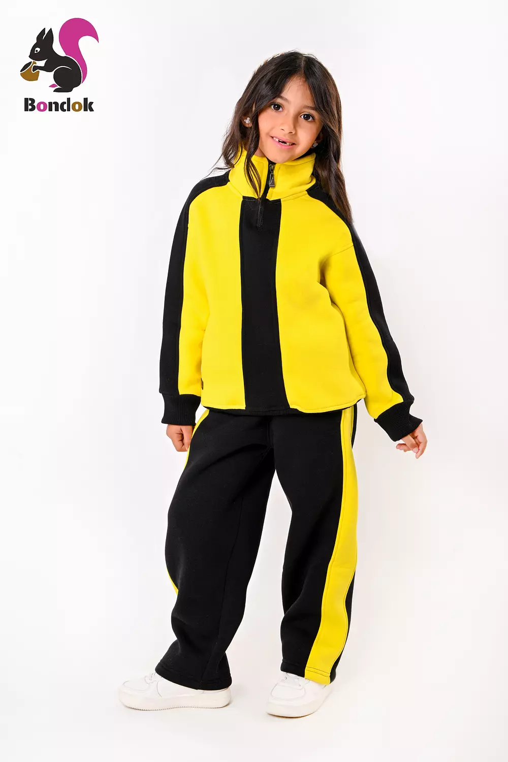 BONDOK Girls’ Winter Black-Strip Tracksuit – High-Neck Half-Zip Sweatshirt & Joggers Set  – Cozy Melton Fleece, Ages 4–14 11