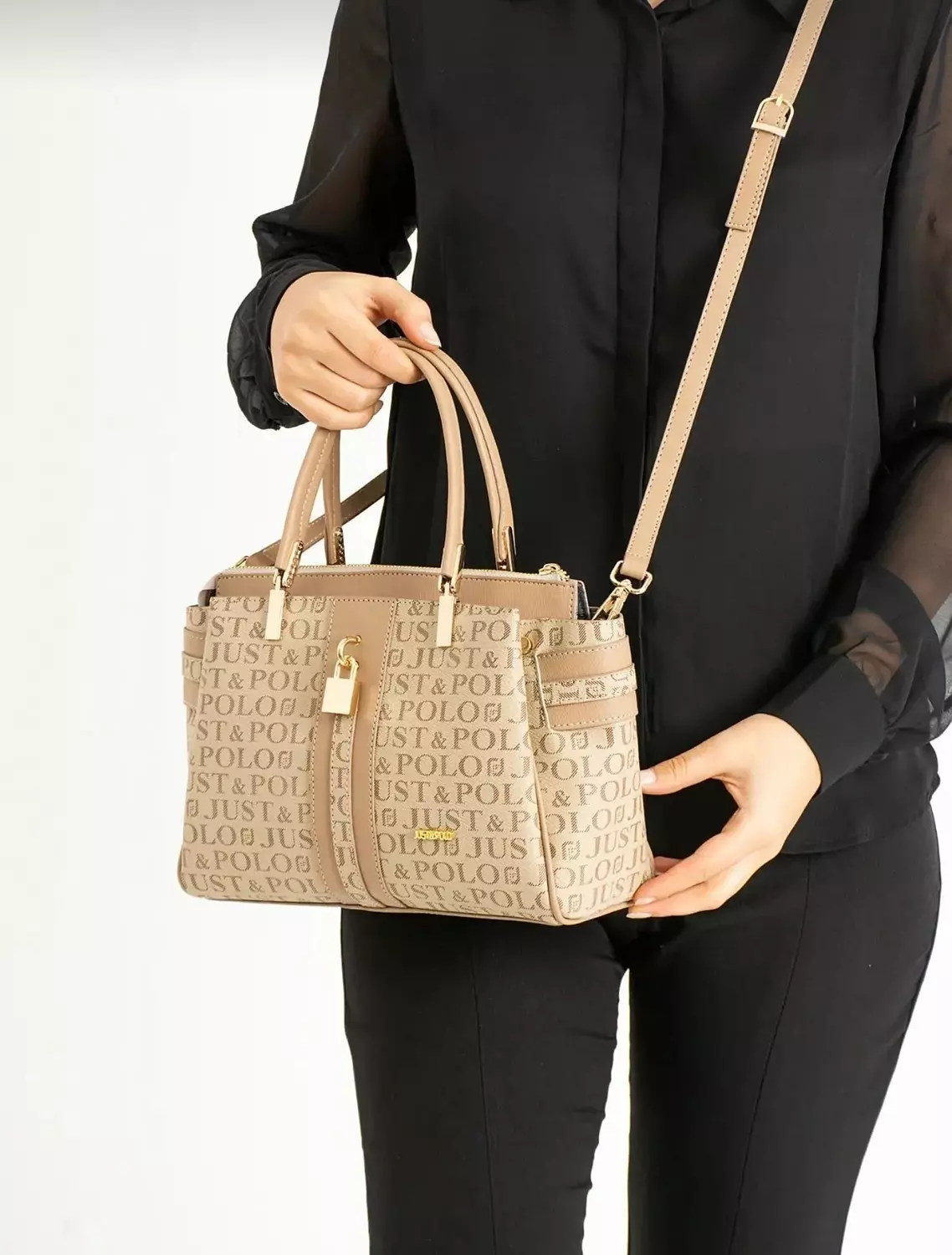 Beige Monogram Handbag with Gold Accents  hover image