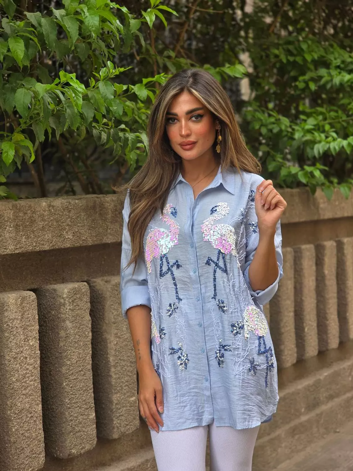 Baby Blue Embroidery Flamingo Shirt hover image