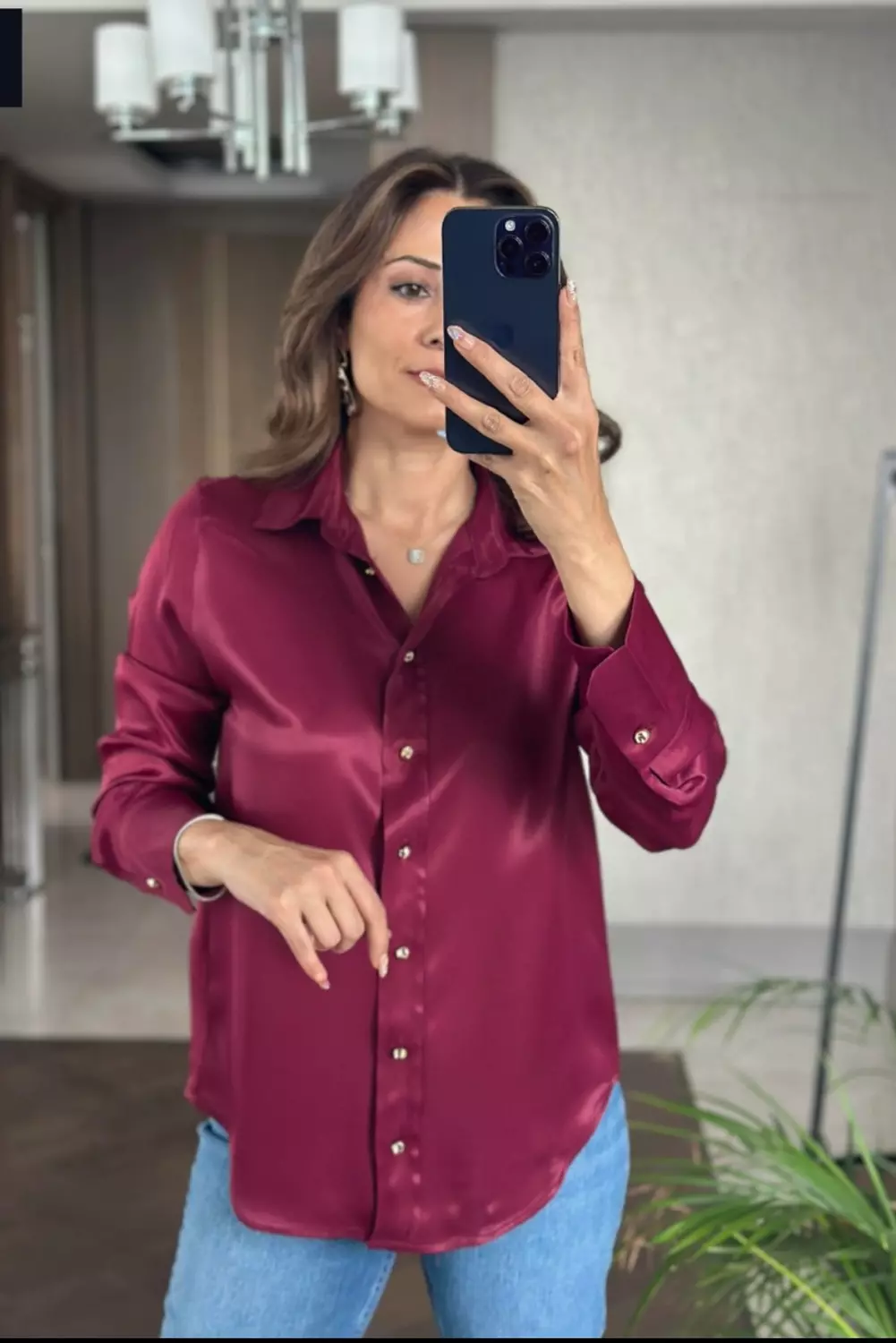 Burgundy satin shirt with gold buttons  hover image
