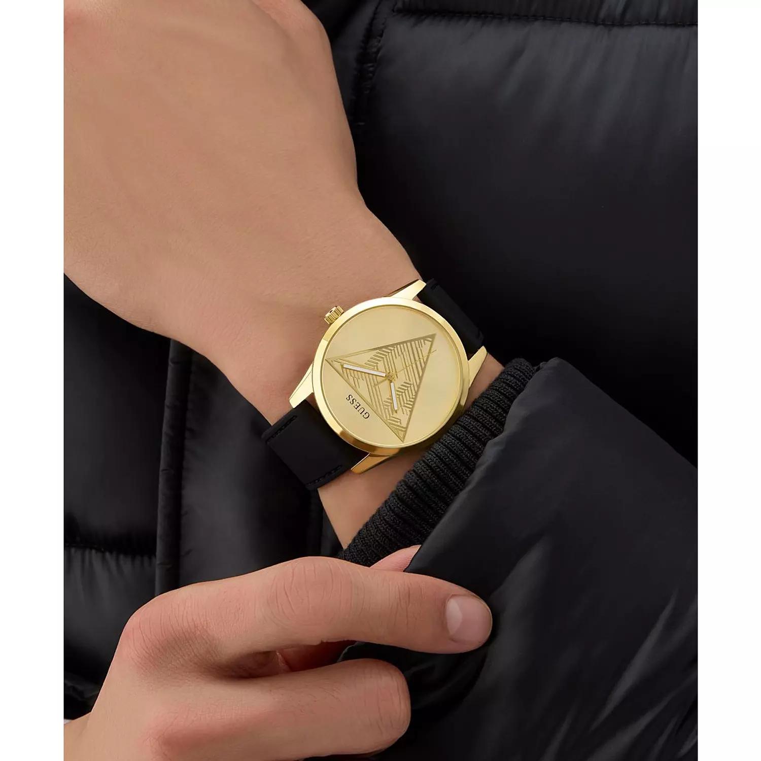 GUESS CLARK Mens Black Gold Tone Multi-function Watch Black Silicone Smooth Strap 7