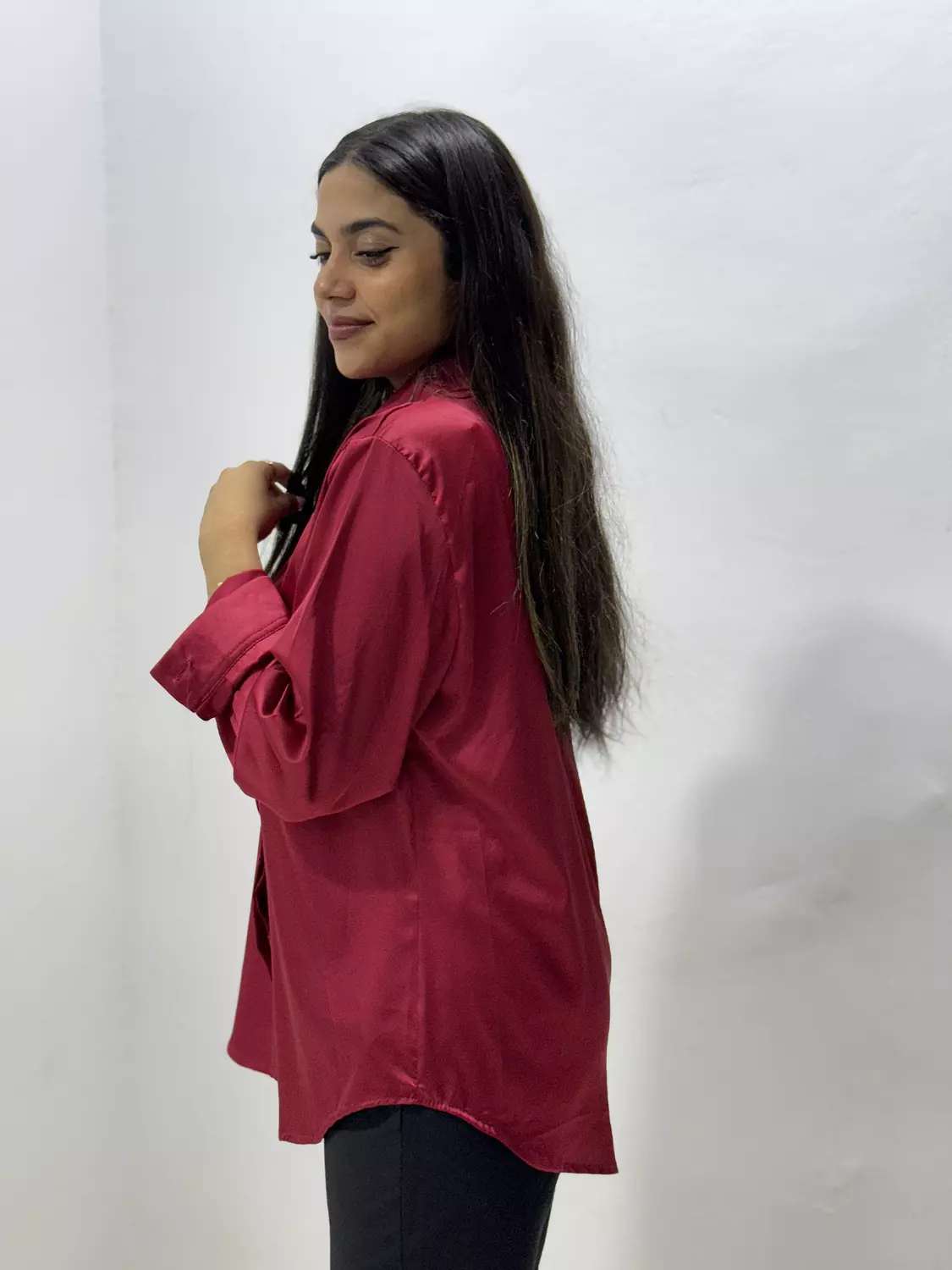 Fashion Satin Shirt- Dark Red 1