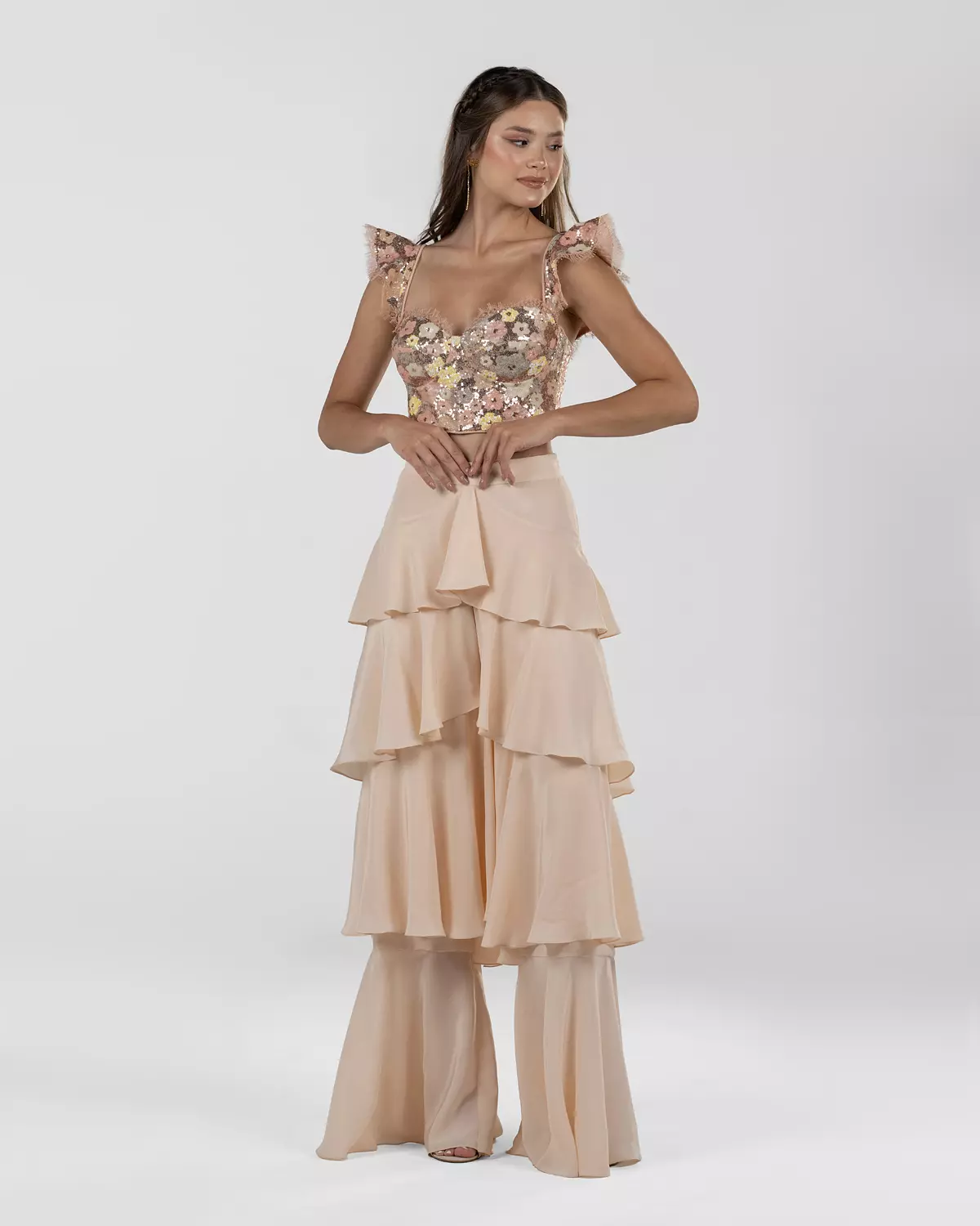  Chic Peach Ruffled Wide-Leg Silk Pants hover image