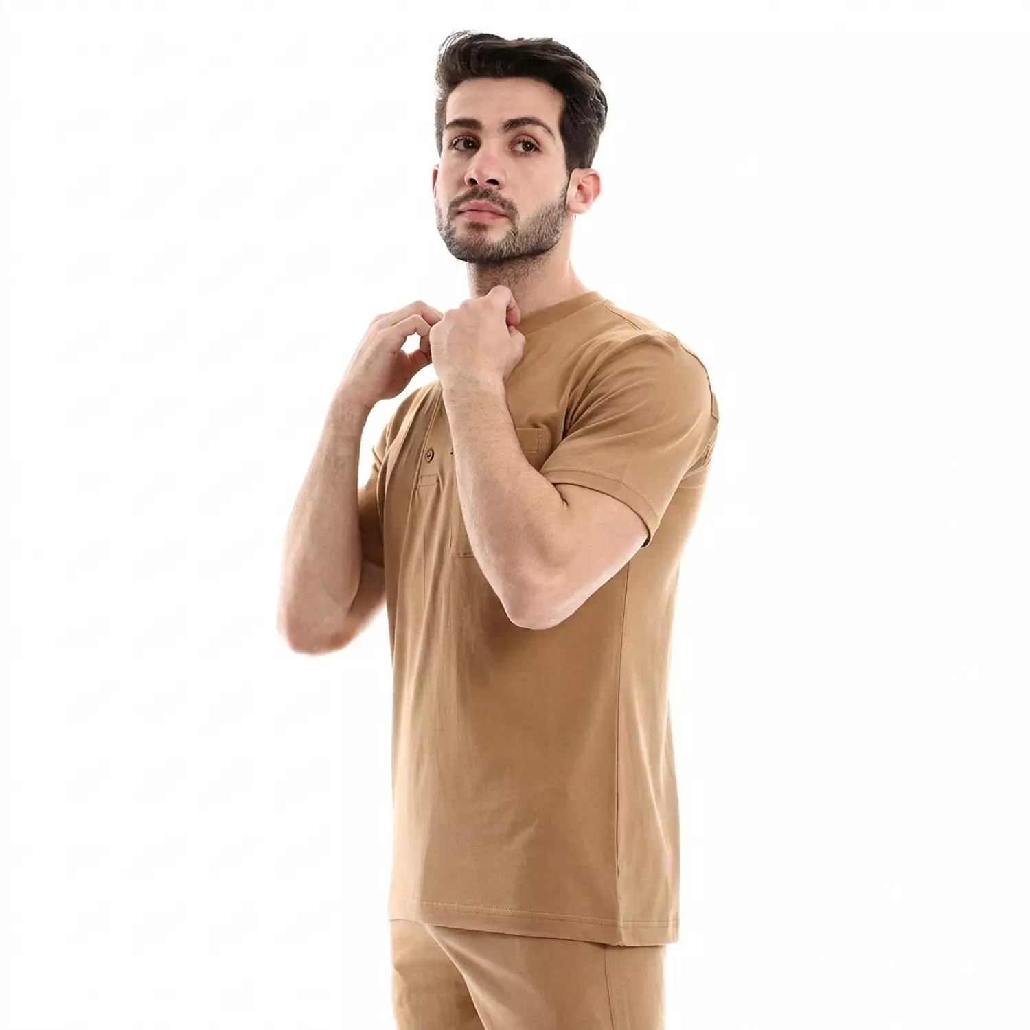 تي شيرت رجالي قطن سادة - 4037- بني غامق  2