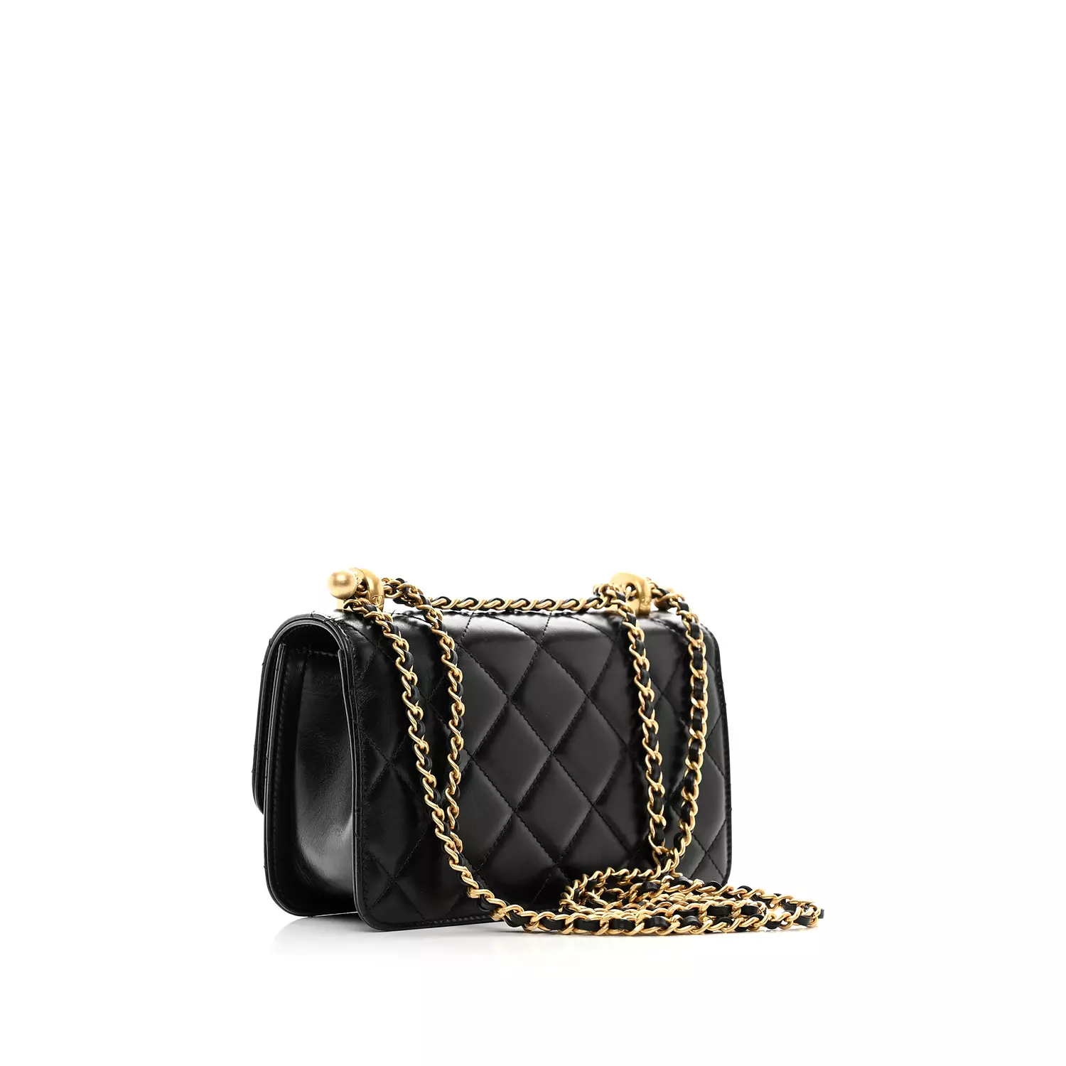 Chanel Small Flap Bag in black shiny calfskin leather features gold-tone meta hover image