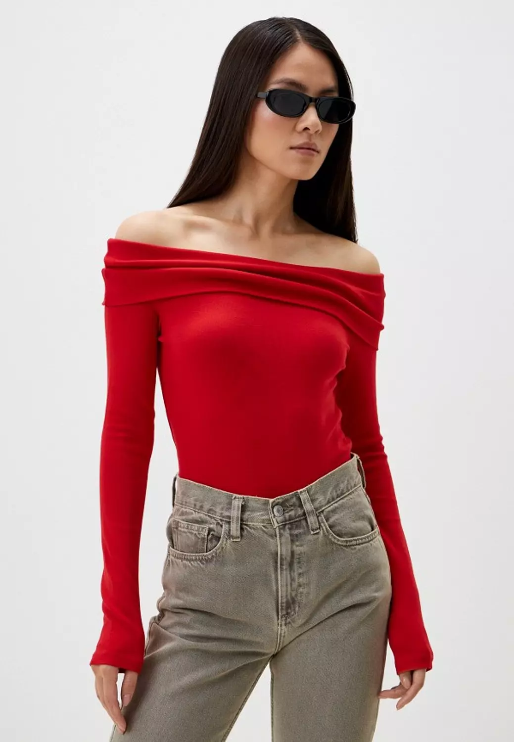 Off-Shoulder Lycra Top with Folded Bardot Neckline & Long Sleeves 4