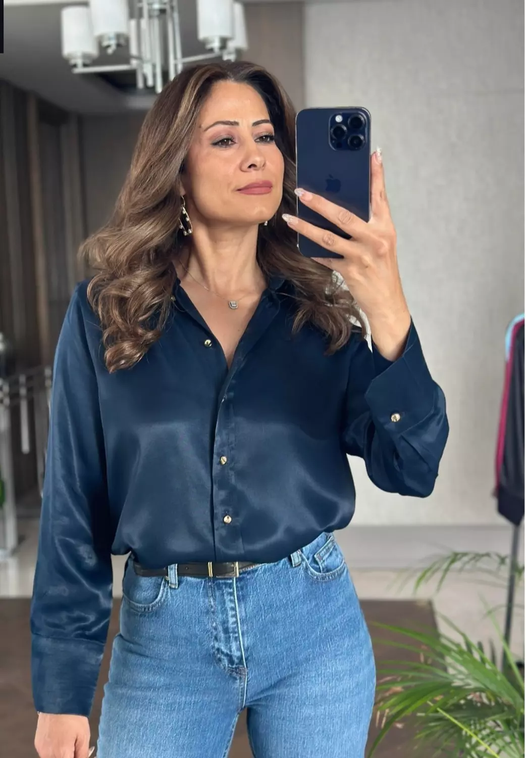 Navy Satin shirt with gold buttons  hover image