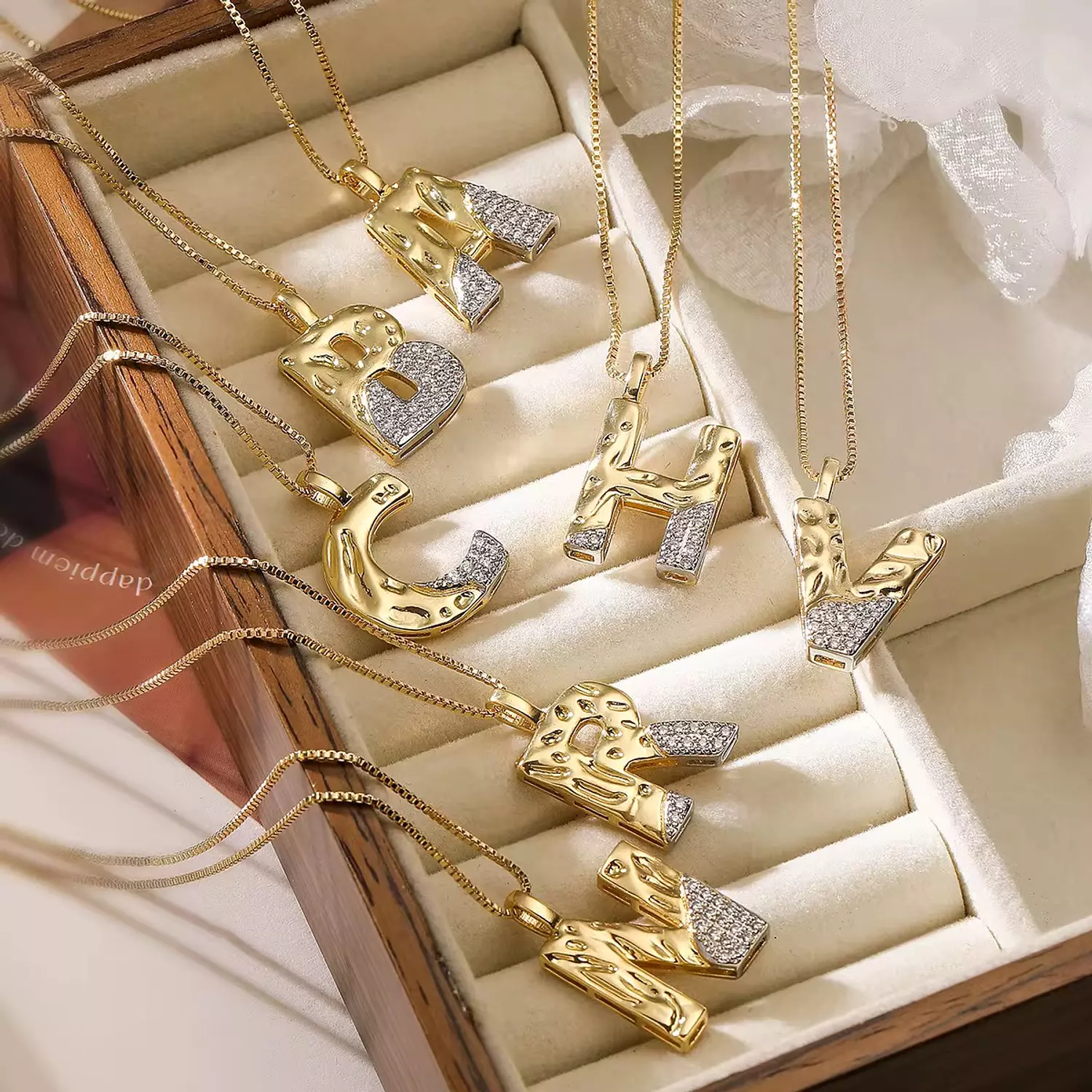 2 tones zircon initial necklace 2