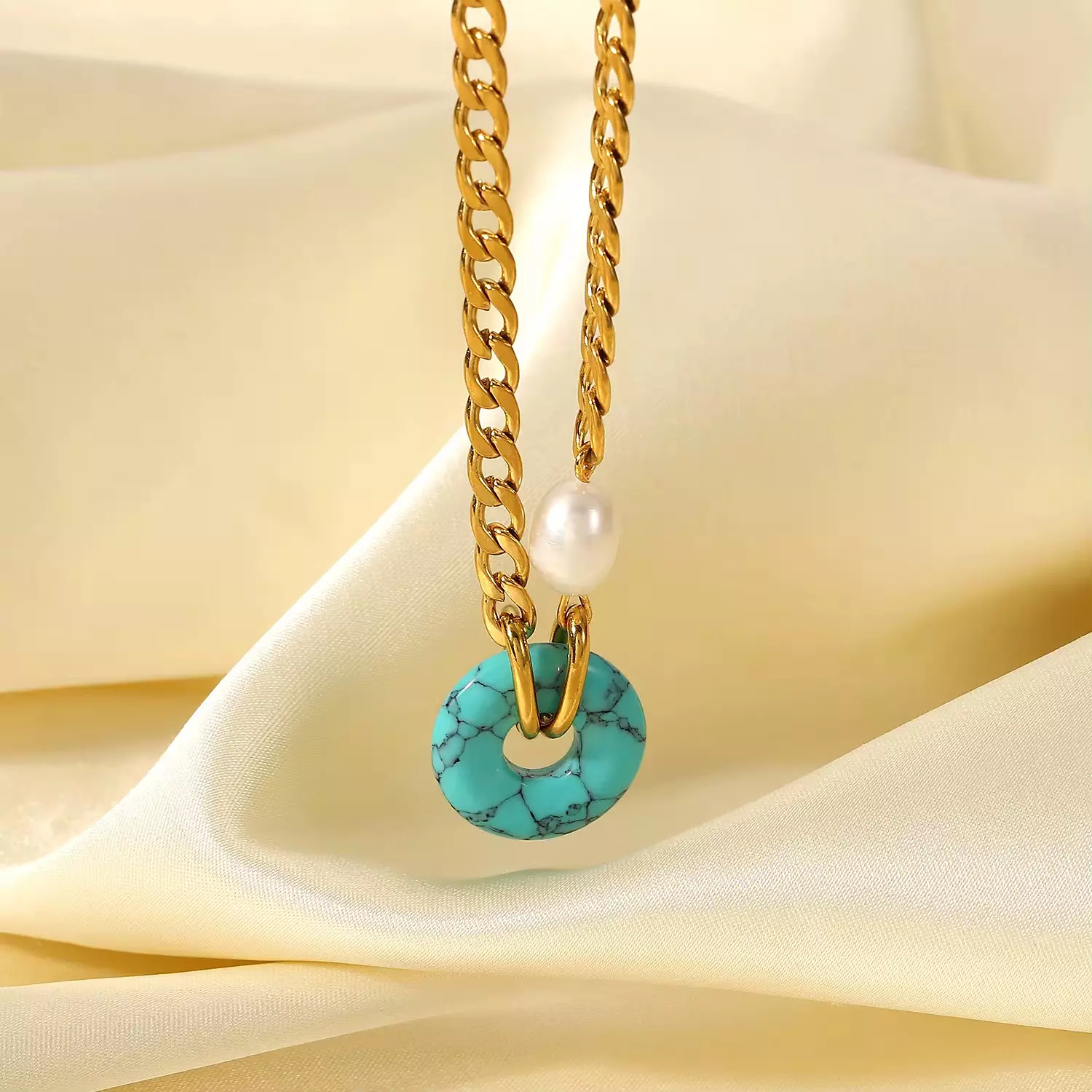 Fresh water pearl with natural turquoise stone necklace  2