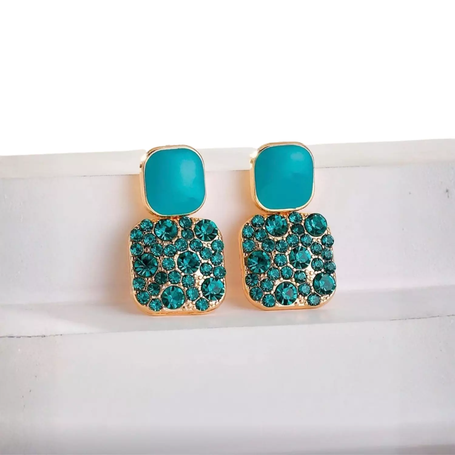 Small Turquoise Rhinestone Square Earrings image