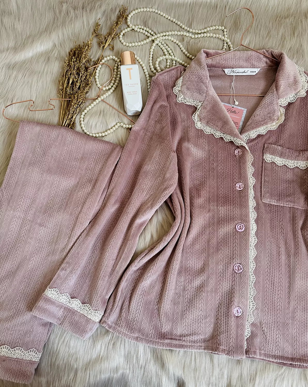 Dusty Rose Lace Velvet Pajamas 1