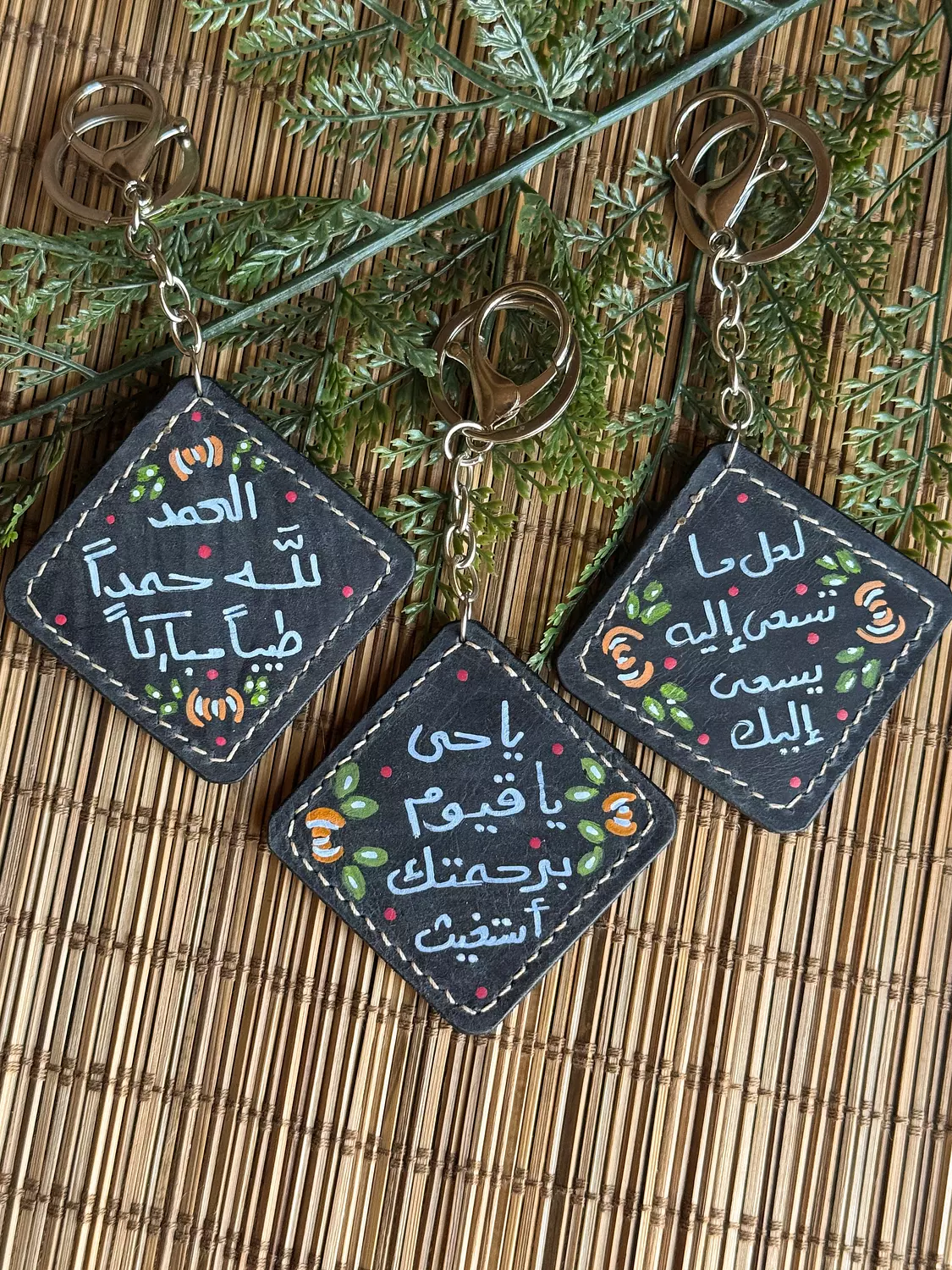 Natural Leather Quote Keychain " Black Square " ( By Order ) 1