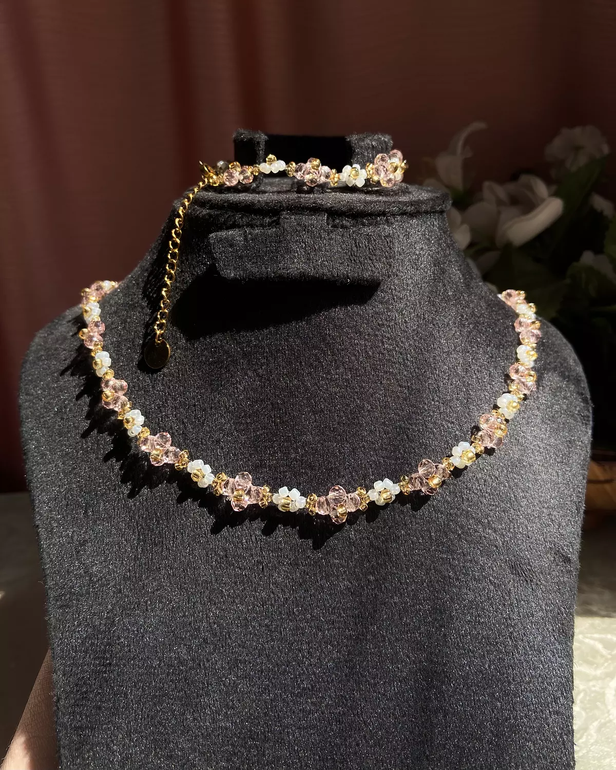 Rose Crystal with white flowers necklace. 3