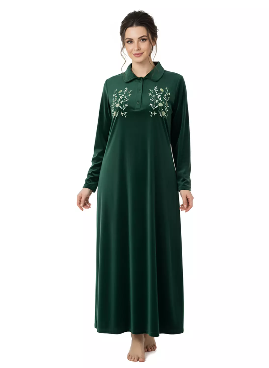 Shorto Collar Fleece Flower Embroidery Nightgown - 2645 - Dark Olive Green image