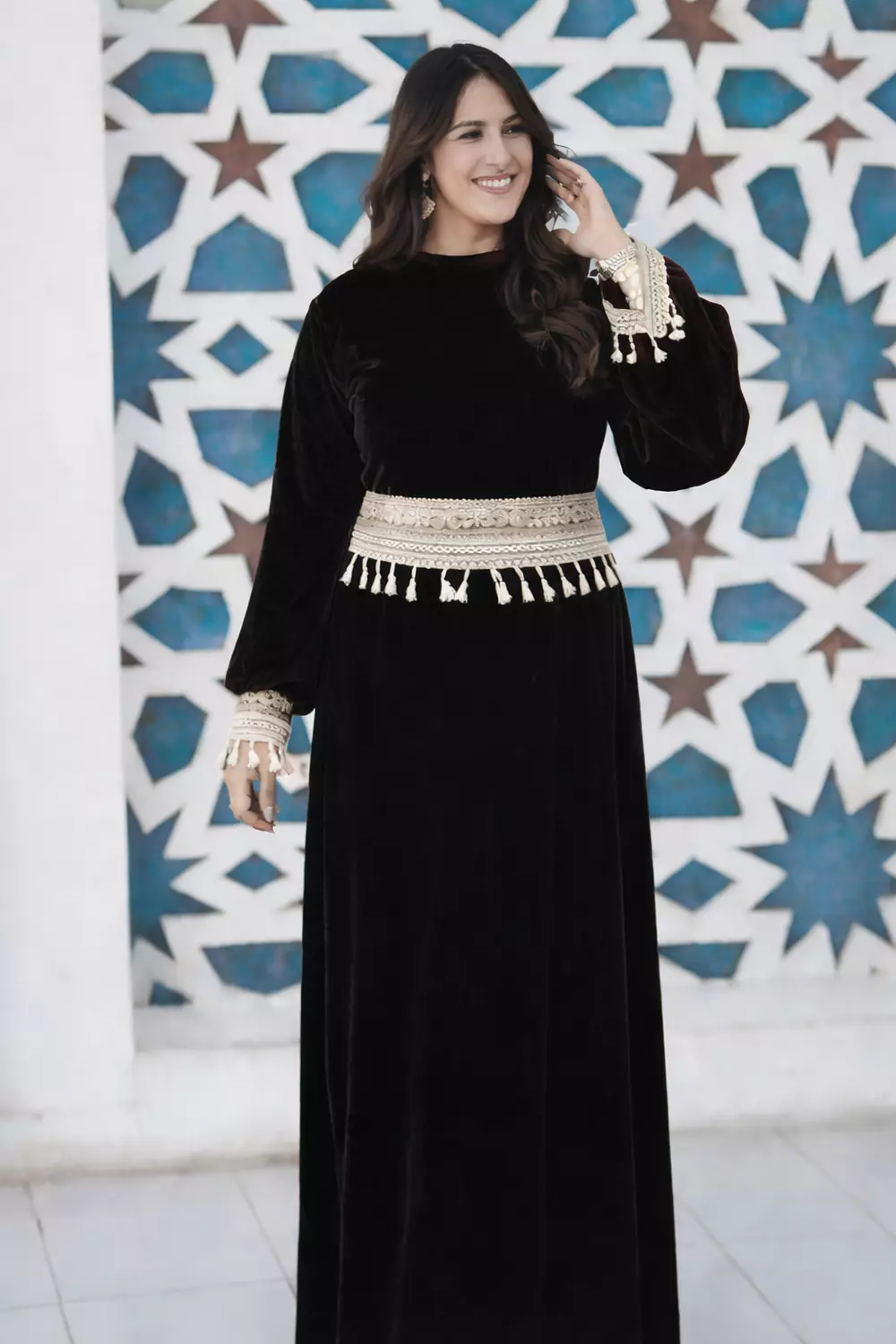 Velvet Maxi Ramadan Dress with Tassel separate Belt, Long Sleeve Modest Dress Mother Daughter Matching Set image