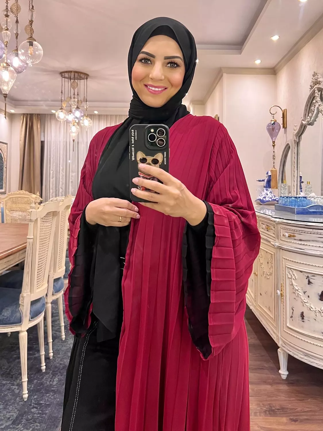 Double-faced Pleated Open Abaya- Black & Maroon 5