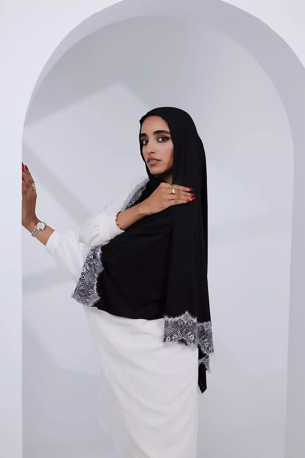 Black French Lace Trim Scarf image