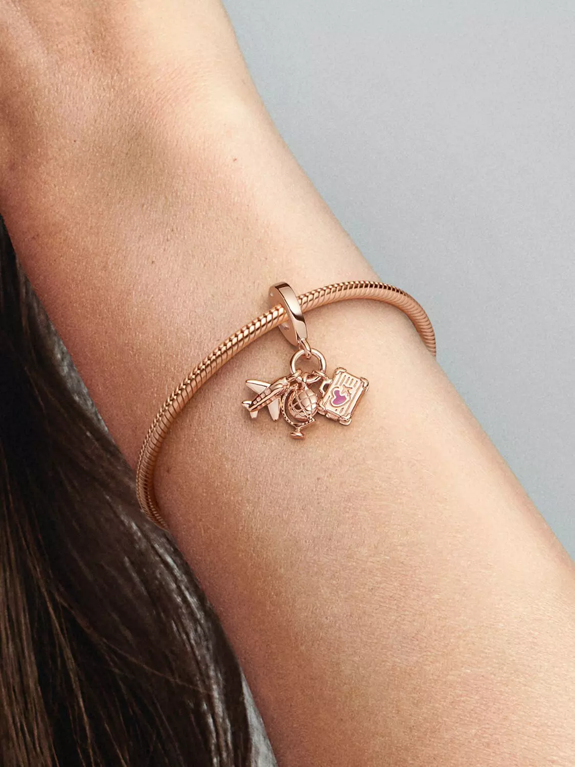 Airplane, Globe & Suitcase Triple Dangle Charm 14k rose gold plating 1