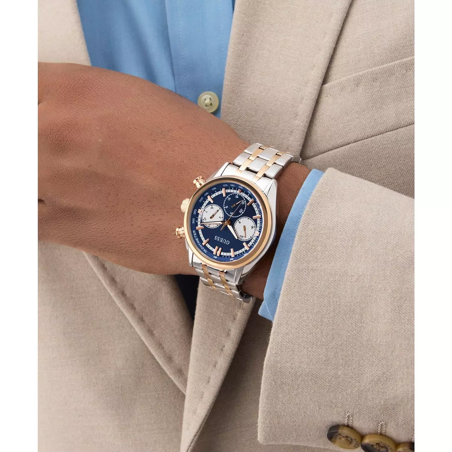 GUESS DAWSON Mens 2-Tone Multi-function Watch 2-Tone Stainless Steel Polished Bracelet 6