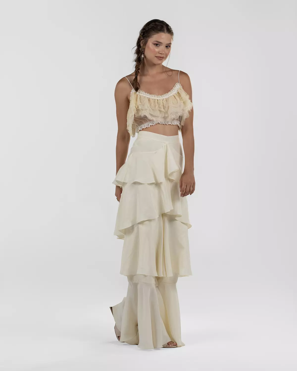 Chic Off-White Silk Ruffled Wide-Leg Pants 8