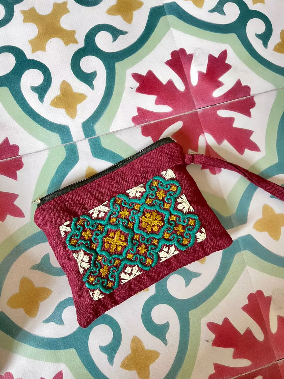 B A L A T! Hand-embroidered Egyptian Tile Pouch for those who carry culture in style.    1