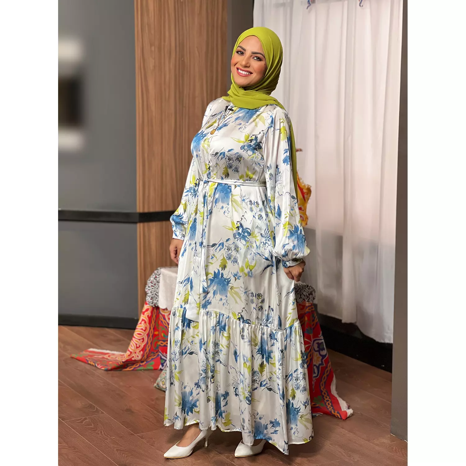 Satin Printed Dress With Long Sleeves - White, Blue & Green hover image