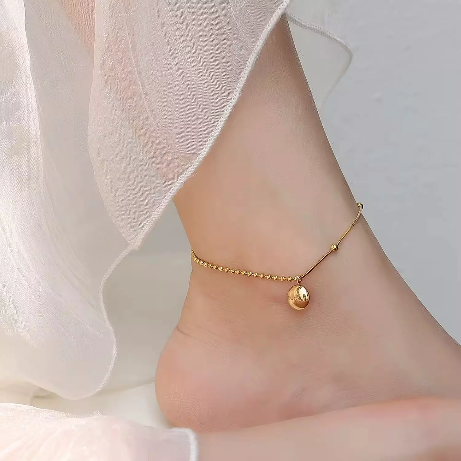 Half beaded gold anklet image