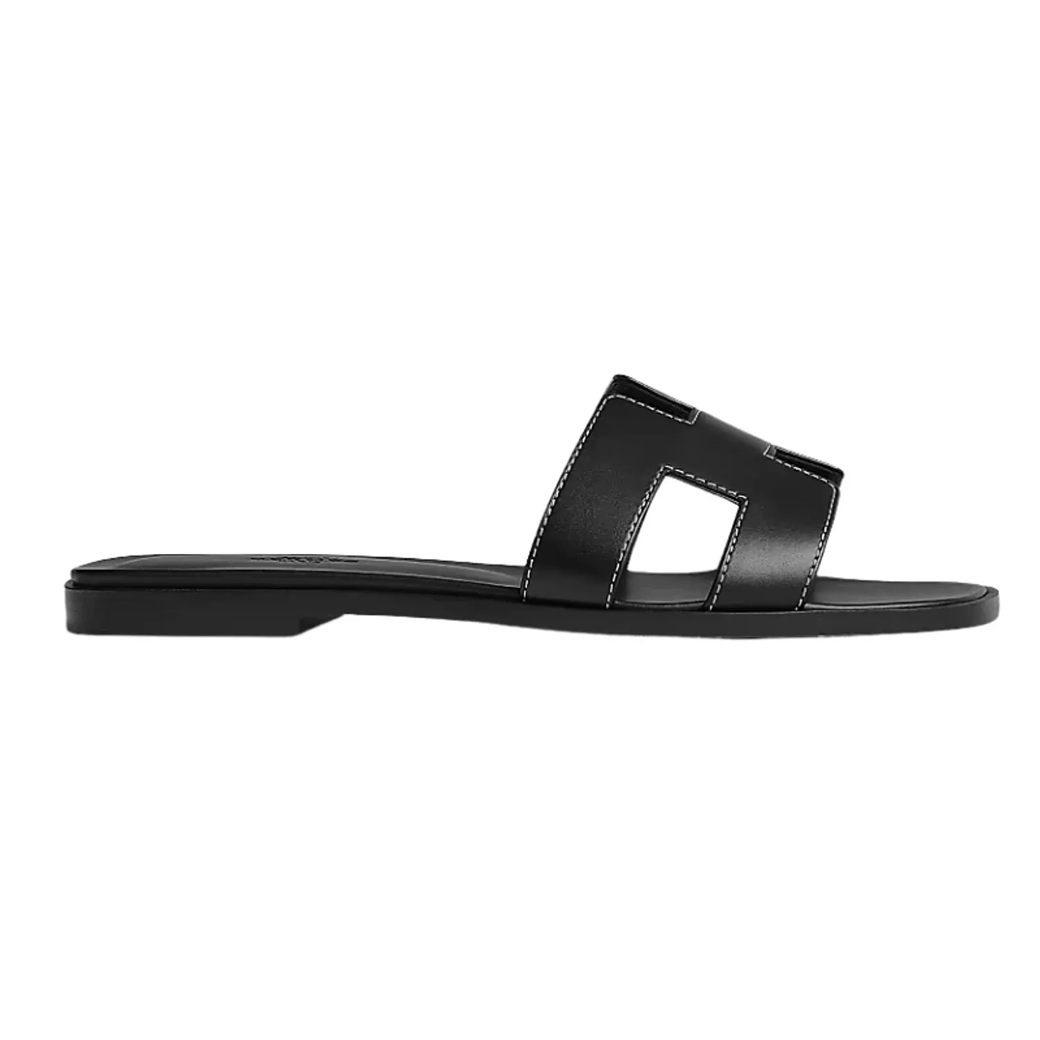 Hermes Oran Sandal Black Calfskin – White Top Stitch Flat Shoes image