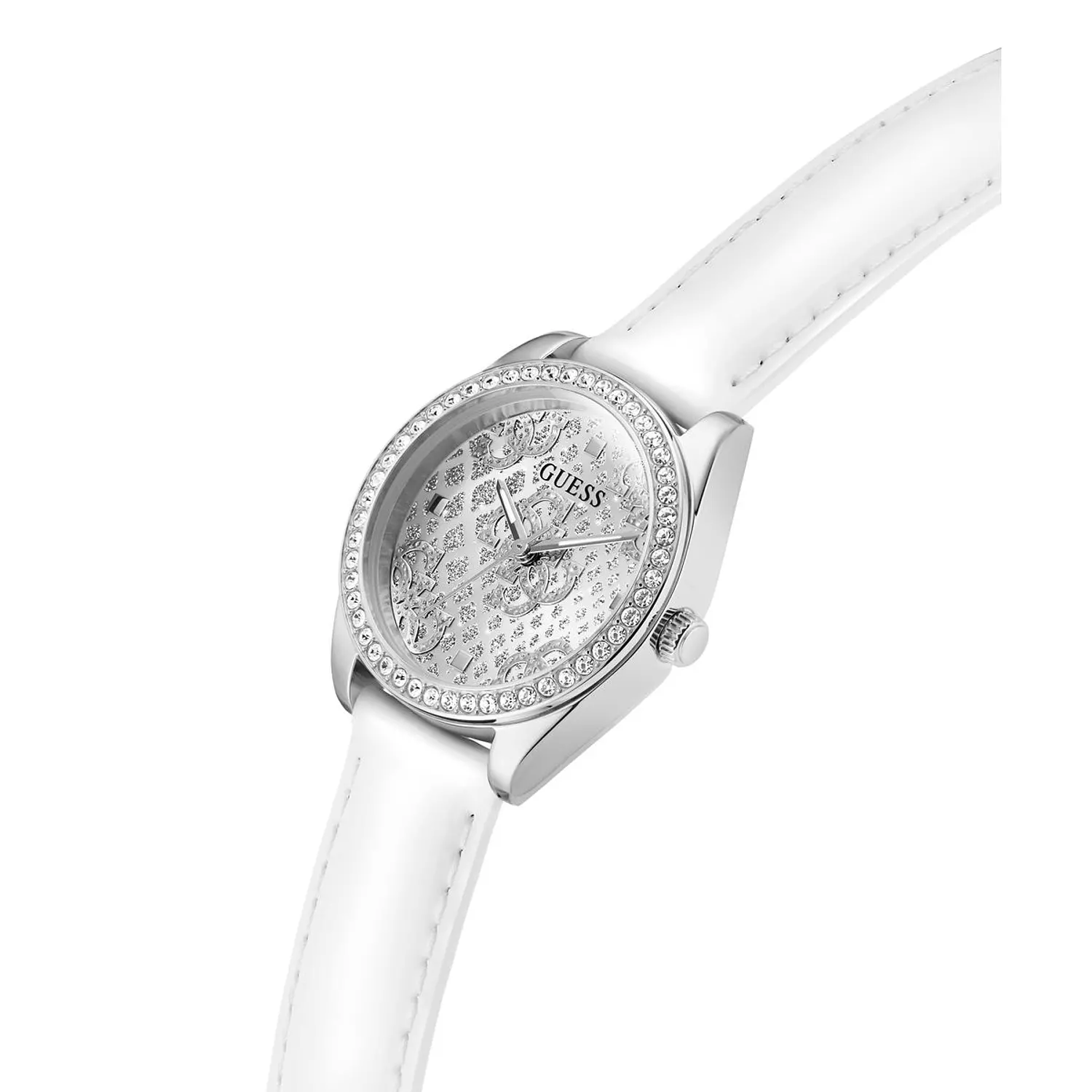 GUESS BOA Ladies White Silver Tone Analog Watch WHITE Genuine Leather Patent Strap 4