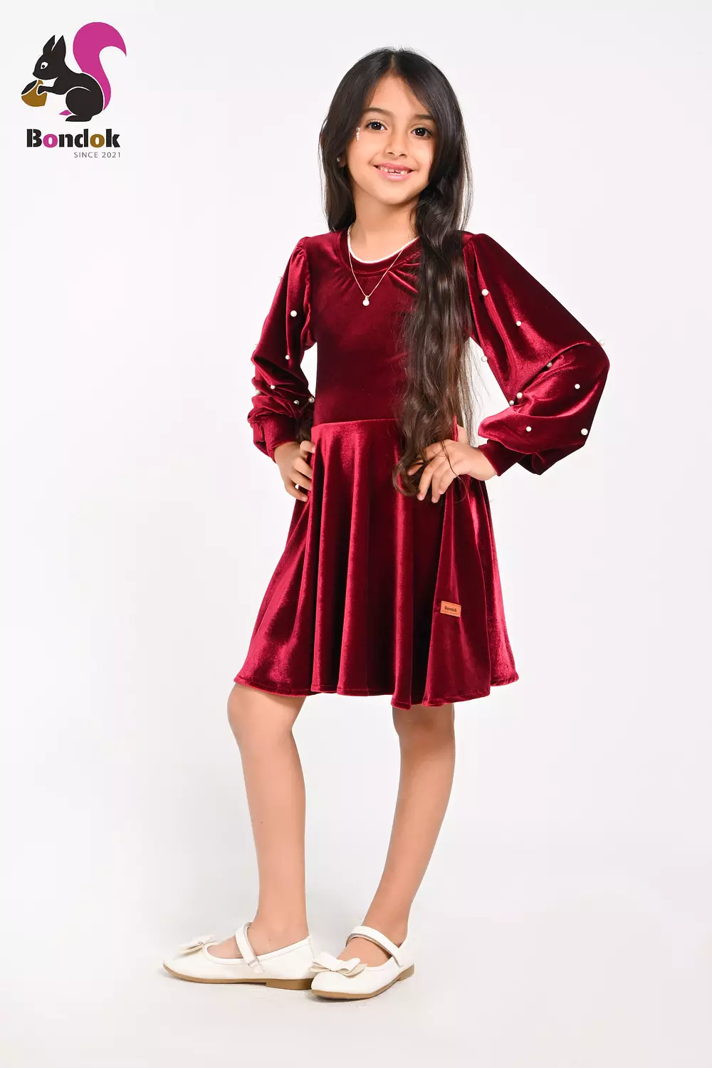 Loly Girls Velvet Dress with Pearl Details, (Red, Navy Blue, Emerald Green, Deep Fuchsia and Black) 6