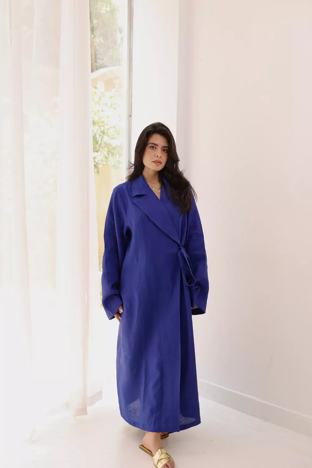  Side-tie linen dress in royal blue  image