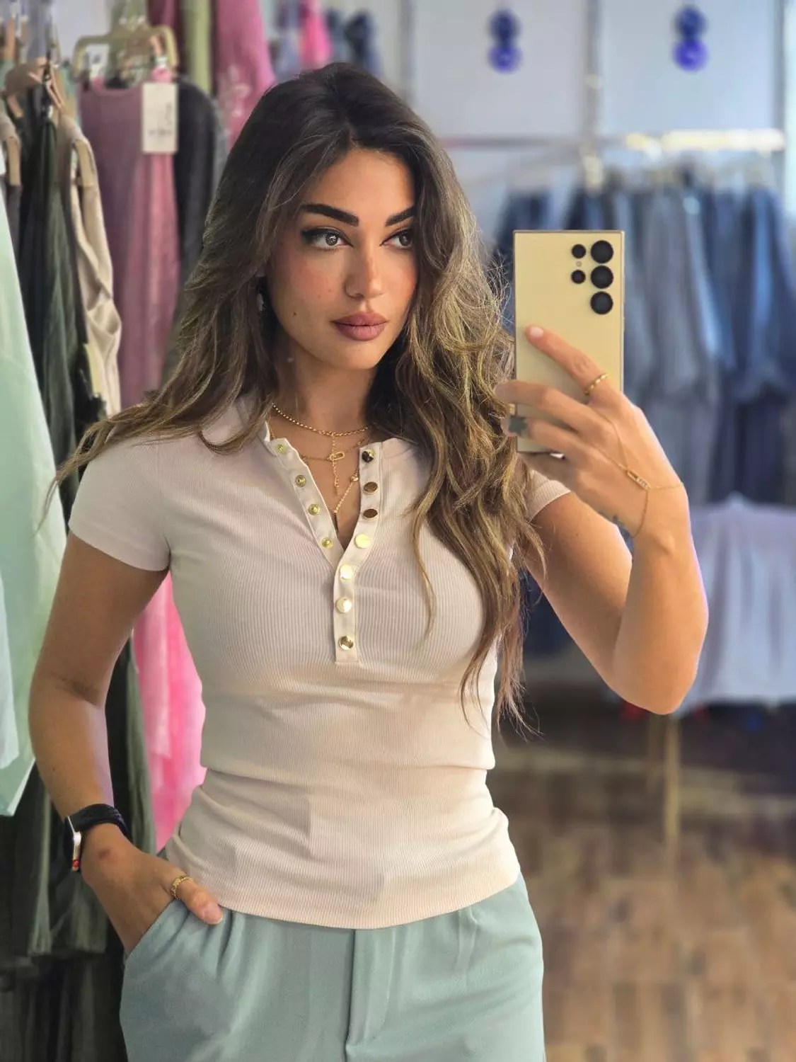 Nude beige Karol top with gold buttons  image