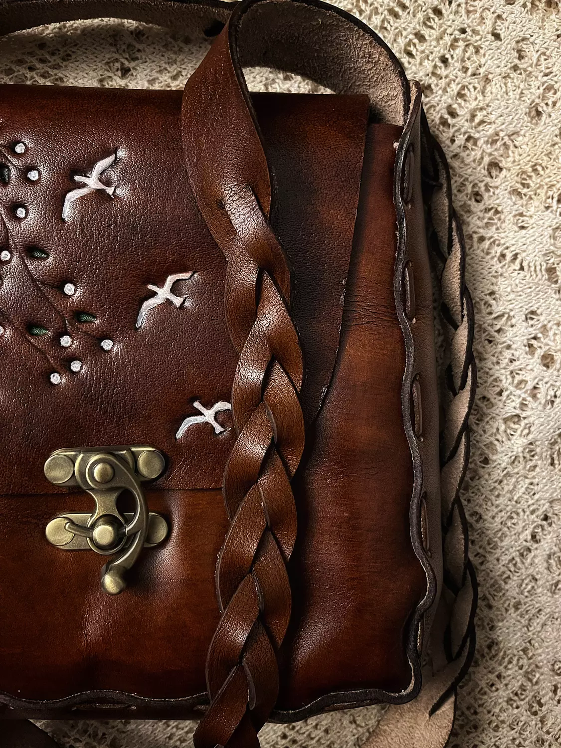 Birds & branches tooled leather bag 3
