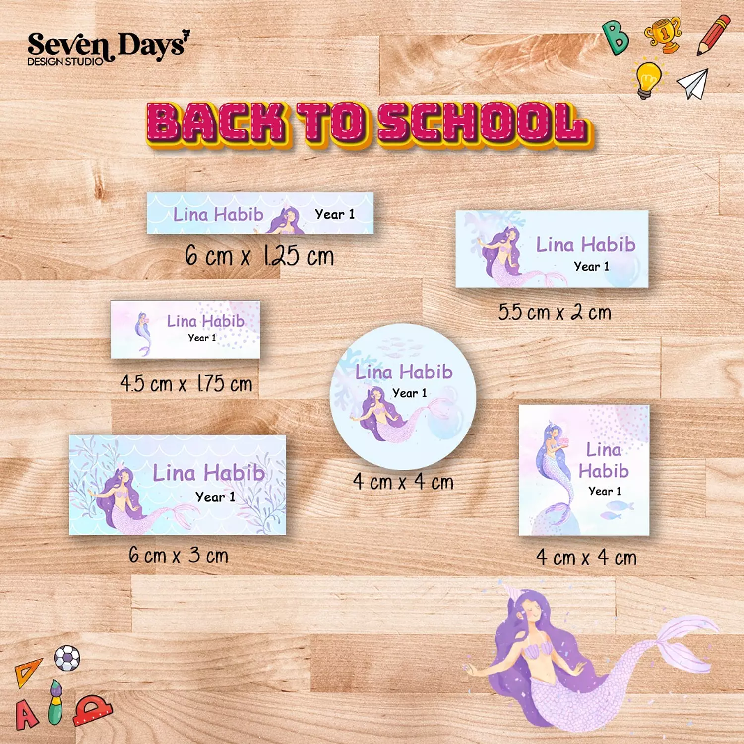 Mermaid Watercolor  School Labels image