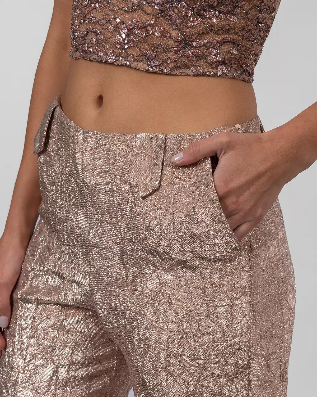 Rose gold crushed brocade trousers 3