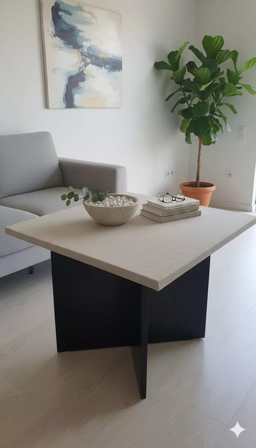 Square table 60×60 cm, black cross legs, linen finish. image