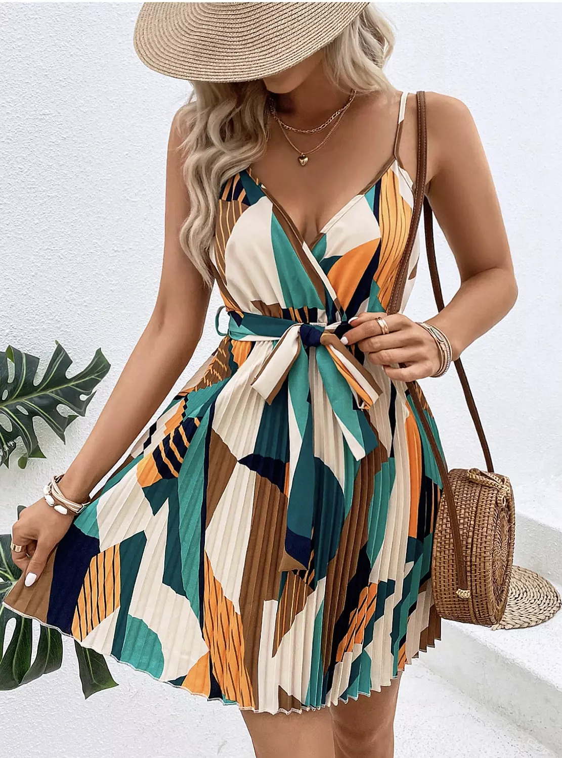Geo Print Pleated Hem Belted Cami Dress Mini Short  2