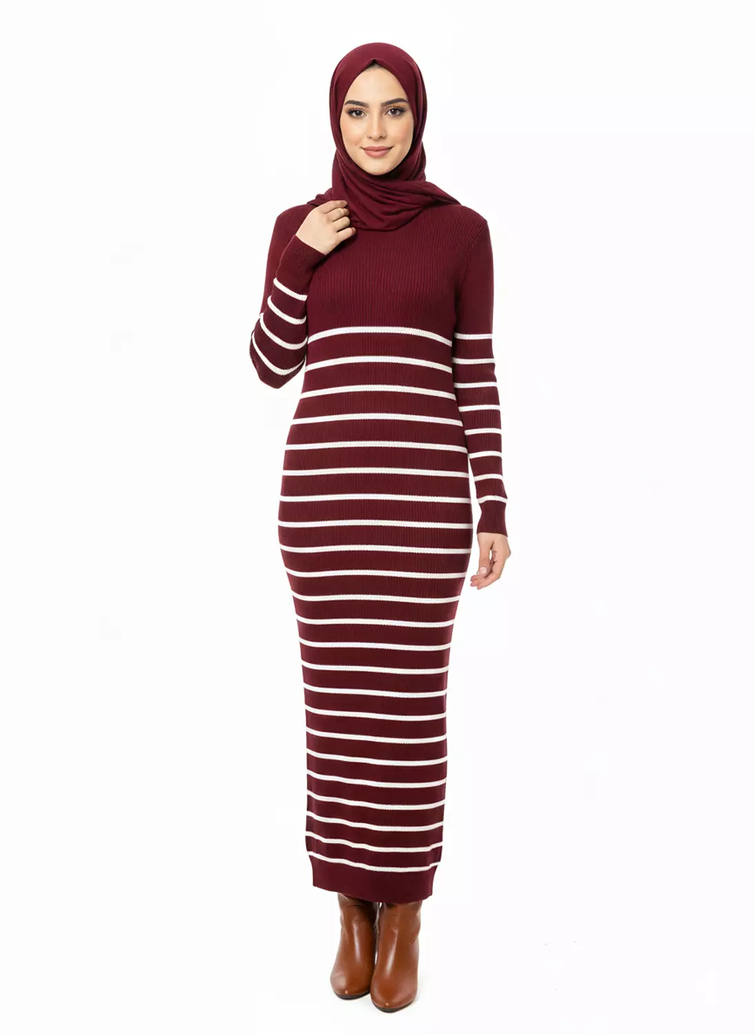 Long Knit Winter Dress with Striped Design image