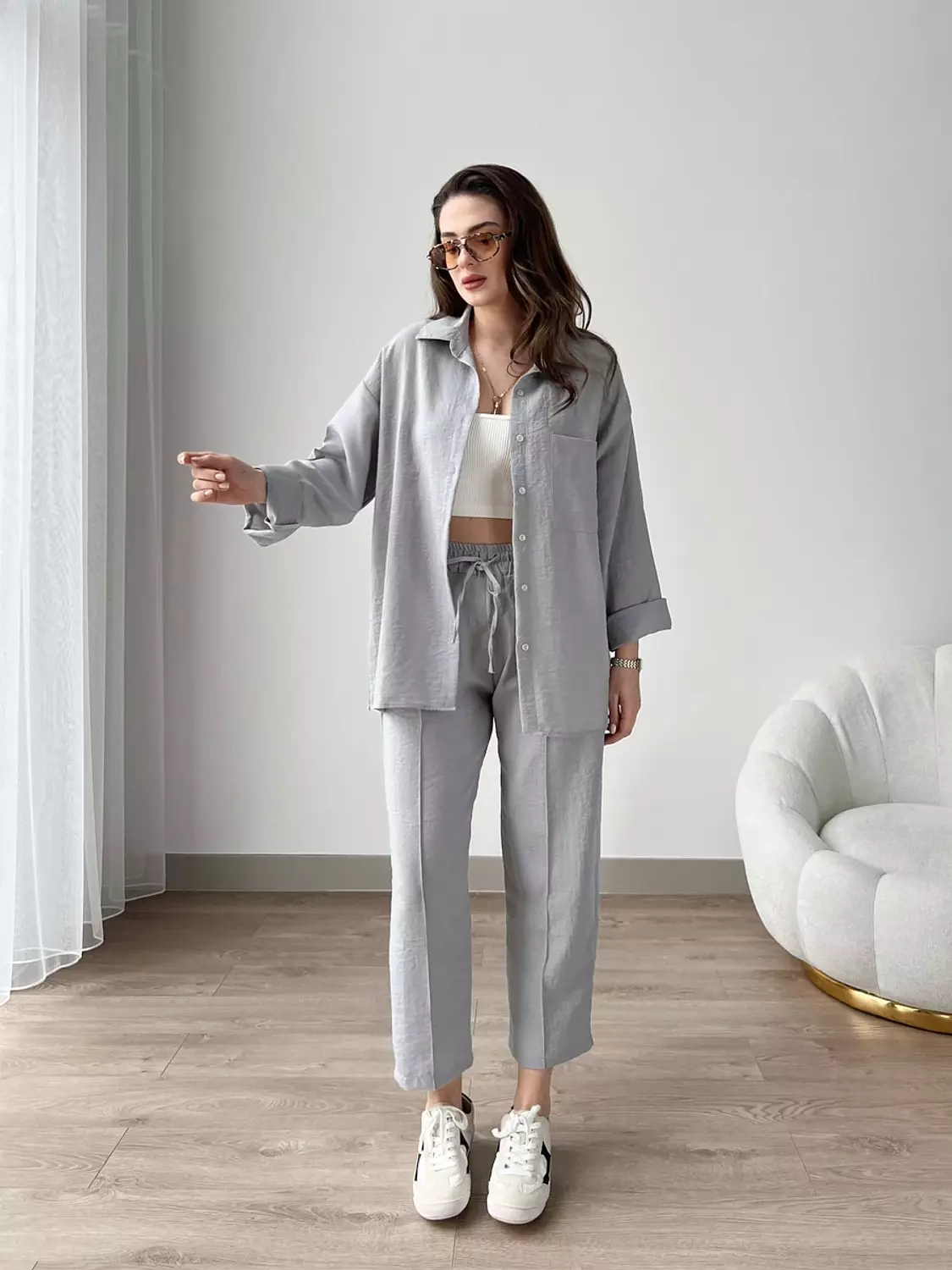 Short Leg Relax Fit Shirt Trouser Set - gray 2