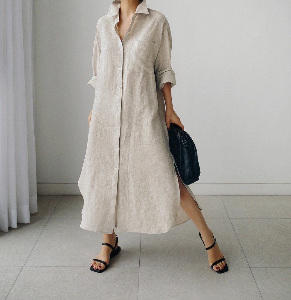 Elegant Long-sleeved linen shirt dress  1