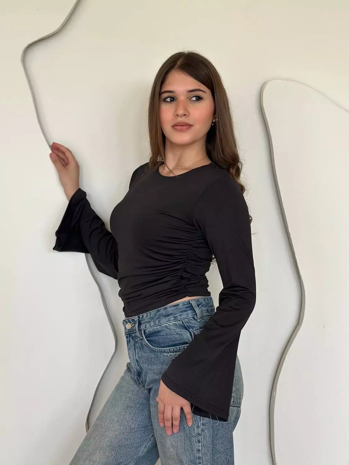 Double-Lined Lycra Top with Bell Sleeves & Side Ruching 7
