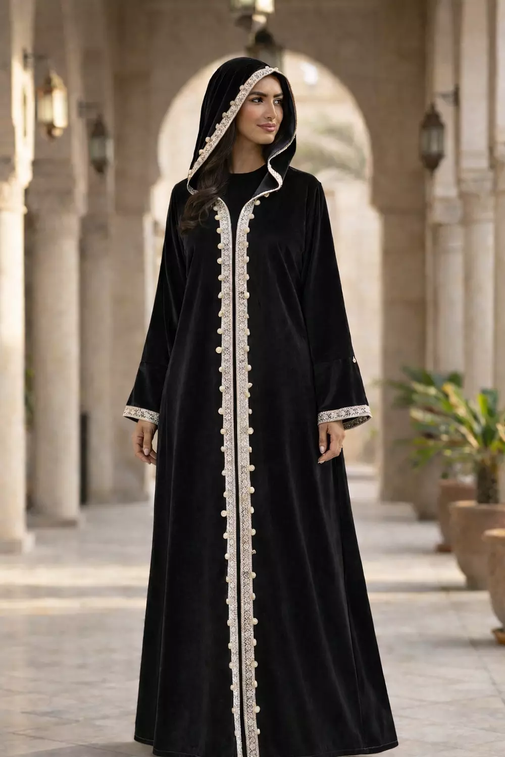 Women's Velvet Ramadan Hooded Kaftan with Lace Trim, Long Sleeve Abaya Robe 1