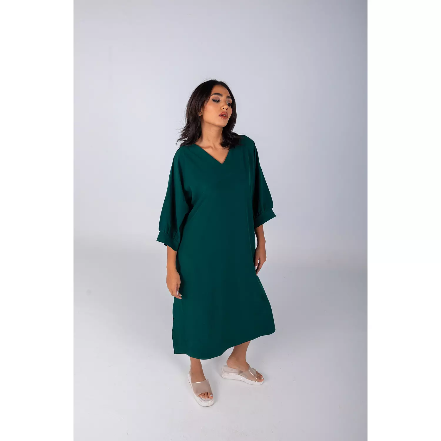 Dark Green Plain Linen Dress  image
