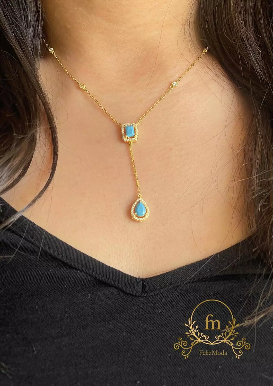 Oval and square Fayrouz stones long silver necklace gold plated image