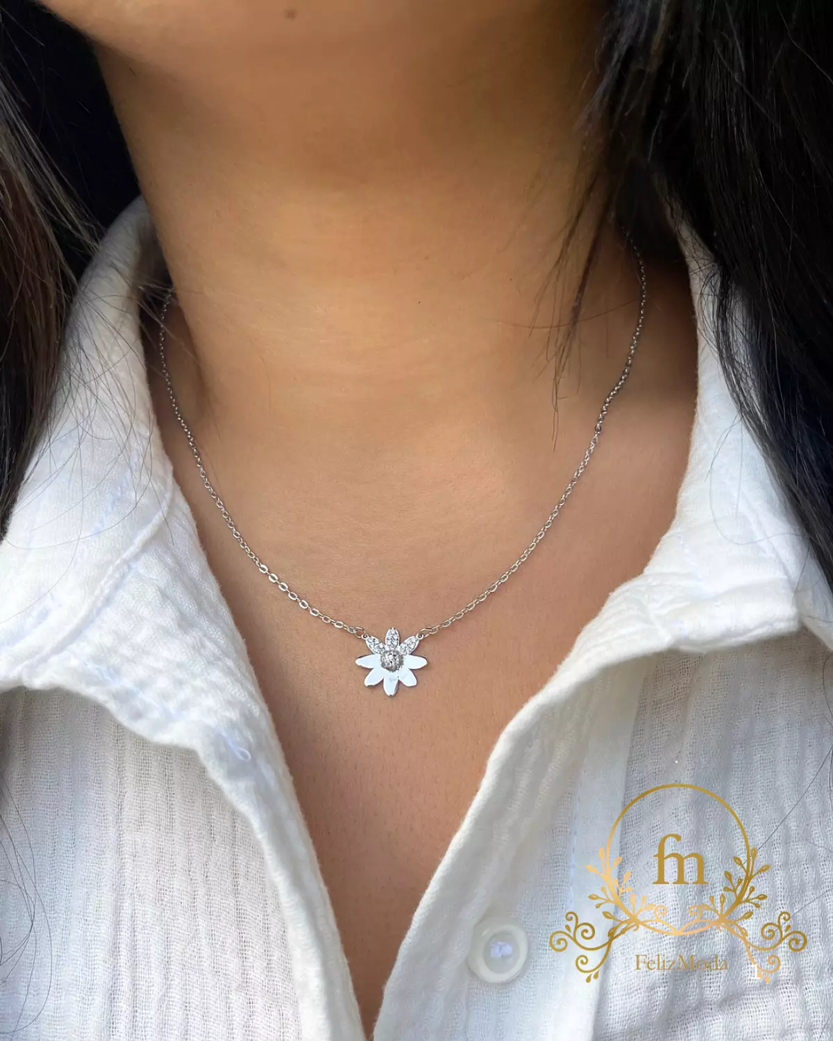 Flower silver necklace half plain, half stones image