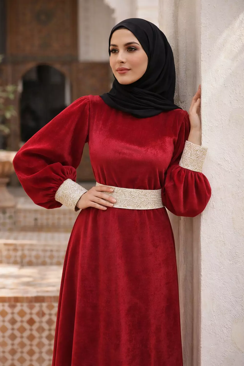 Velvet Women Islamic Dress, Long Sleeve Maxi Dress with SEPARATE Belt. 9
