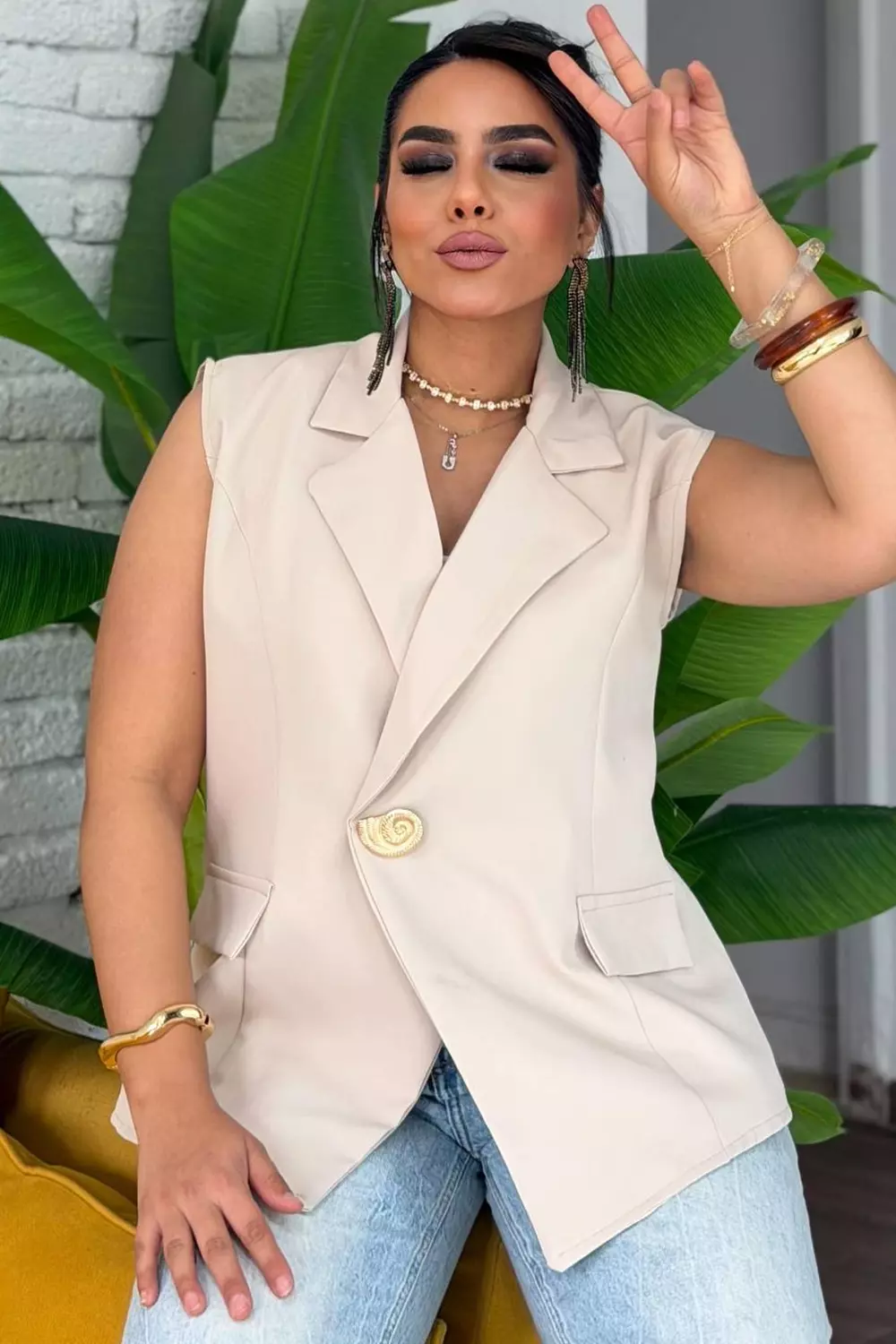 Turkish Crepe Blazer Vest with Shell Gold Button 5